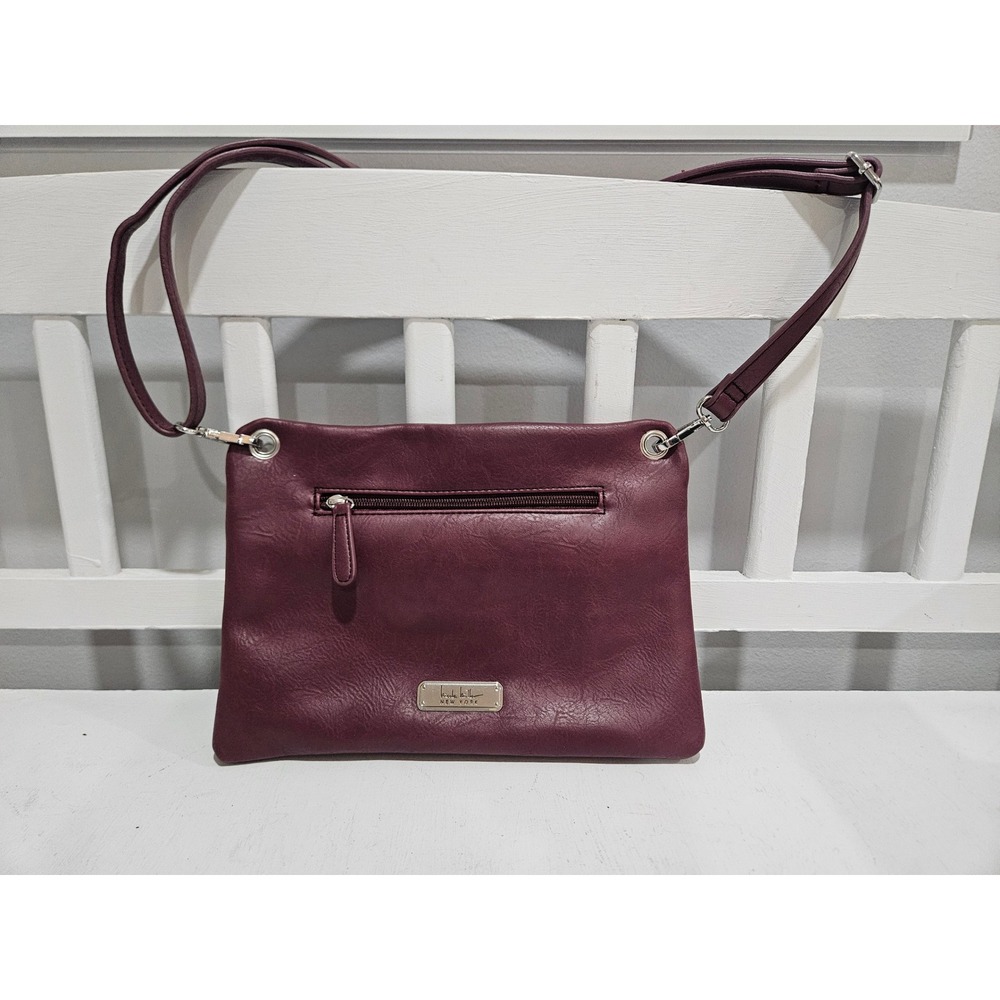 Nicole Miller New York Burgundy Faux Leather Crossbody Bag with Front Zip